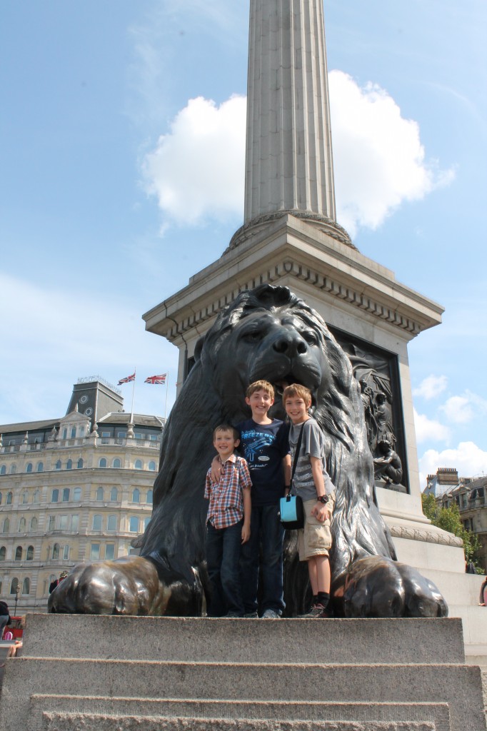 The author's children stand in front of one of the Trafalgar Lions