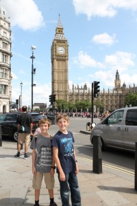 Two of the author's children stand in front of Big Ben