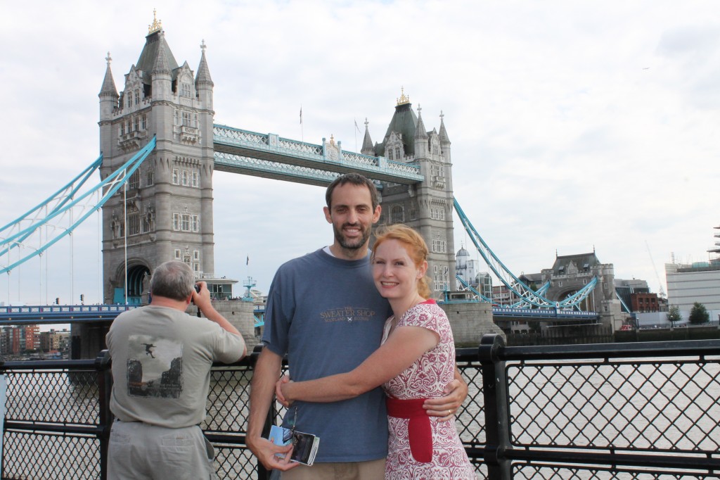 The author and her husband in front of the Tower of London Bridge.