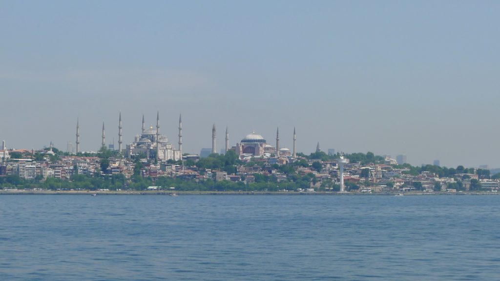 A view of the Blue Mosque from across a river
