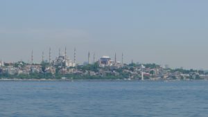 A view of the Blue Mosque from across a river